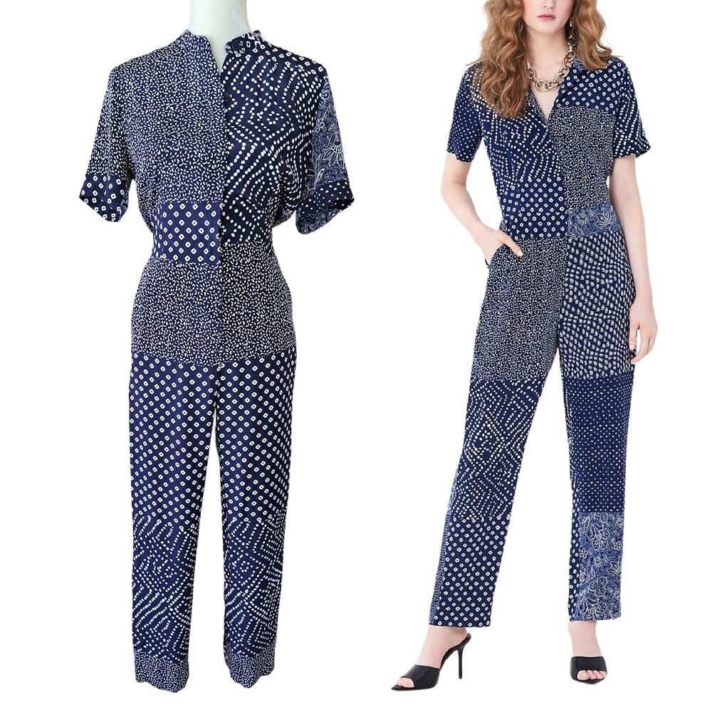 DIANE von FURSTENBERG Lucy Patchwork Print Silk Jumpsuit Navy Size 8 runs small